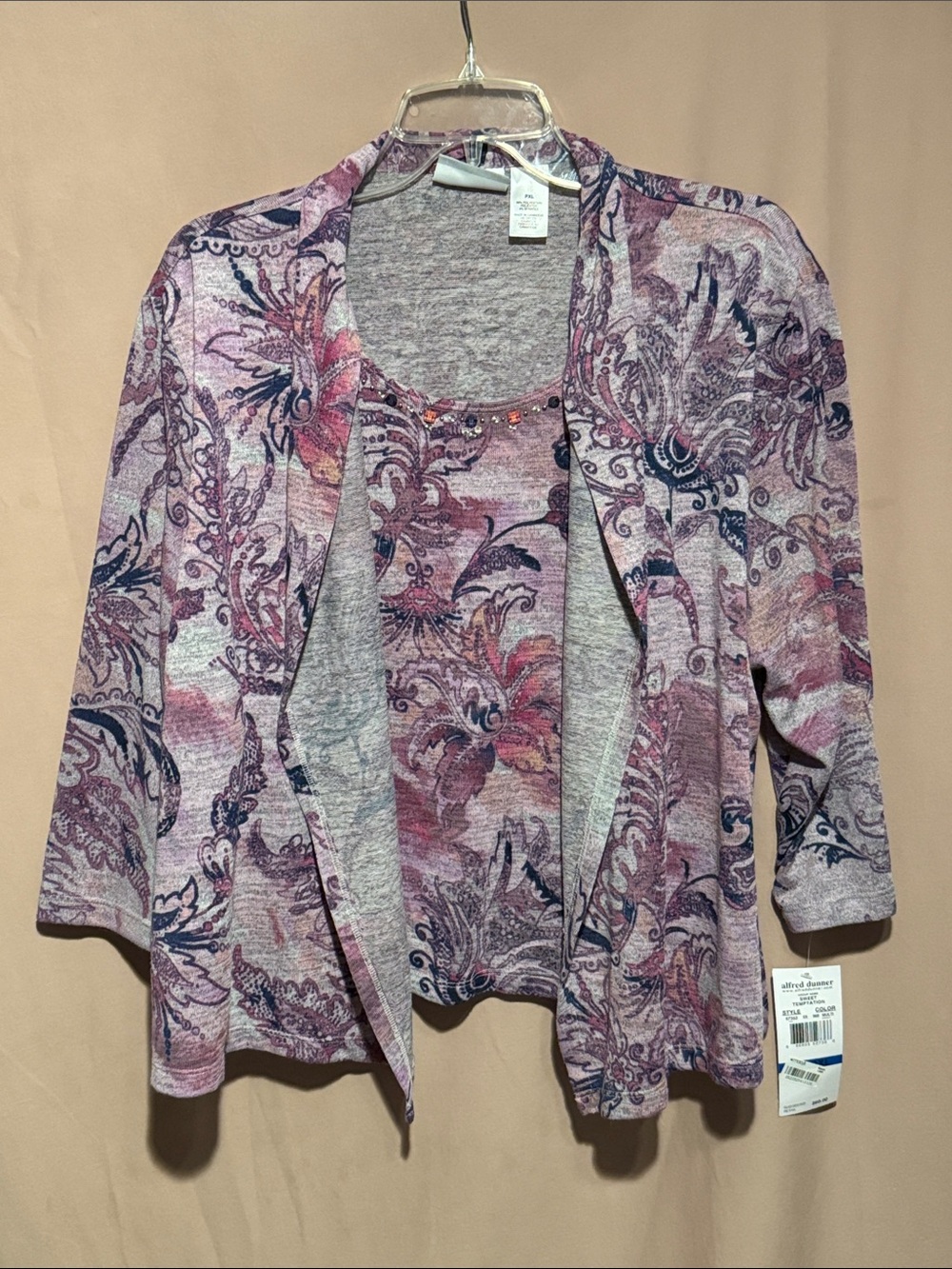 Alfred Dunner Purple Floral Print Open-Front Sweater Set